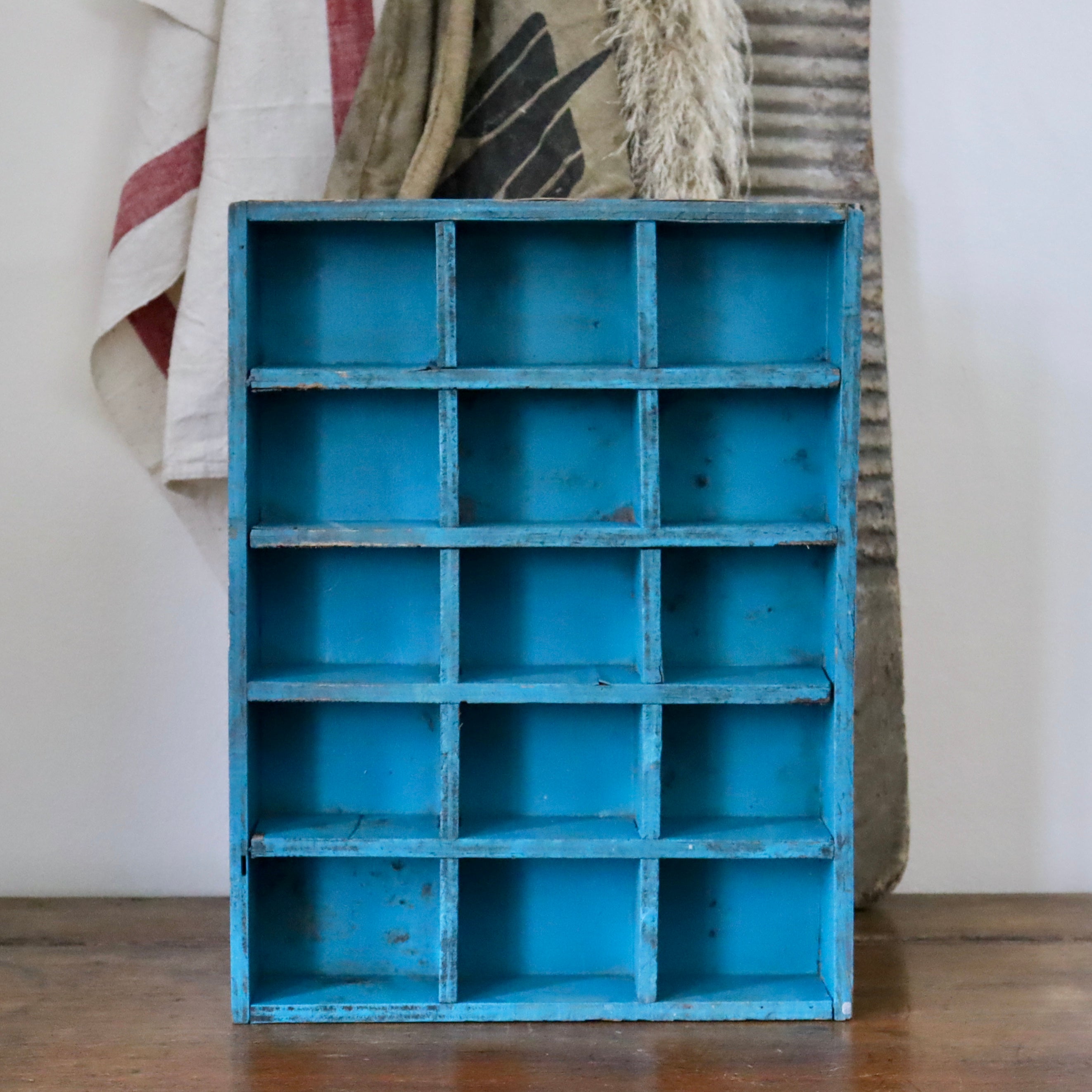 Vintage French Rustic Blue Wooden Cubby Unit