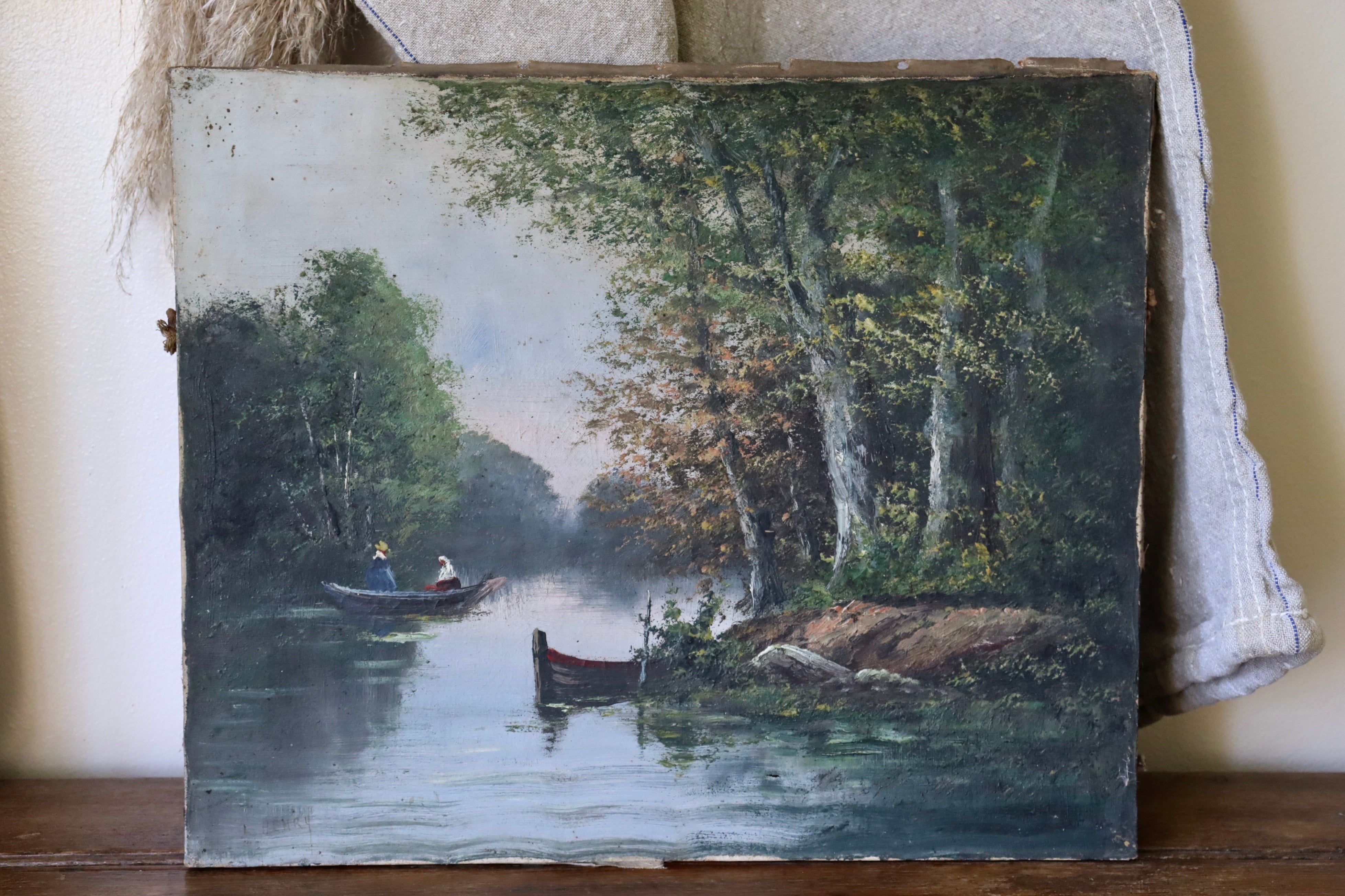 French Country Riverside Scene Oil on Canvas